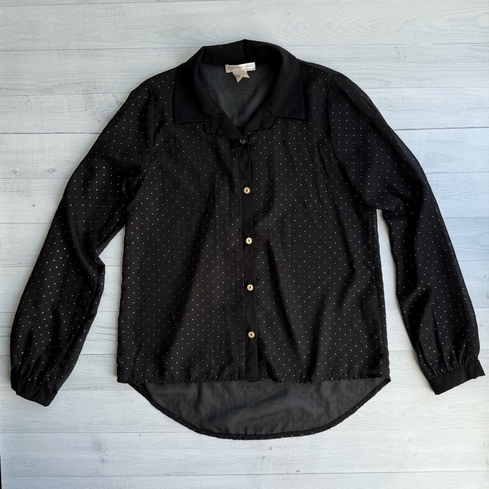 Vintage Black Button Up Blouse with Gold Polka Dots S